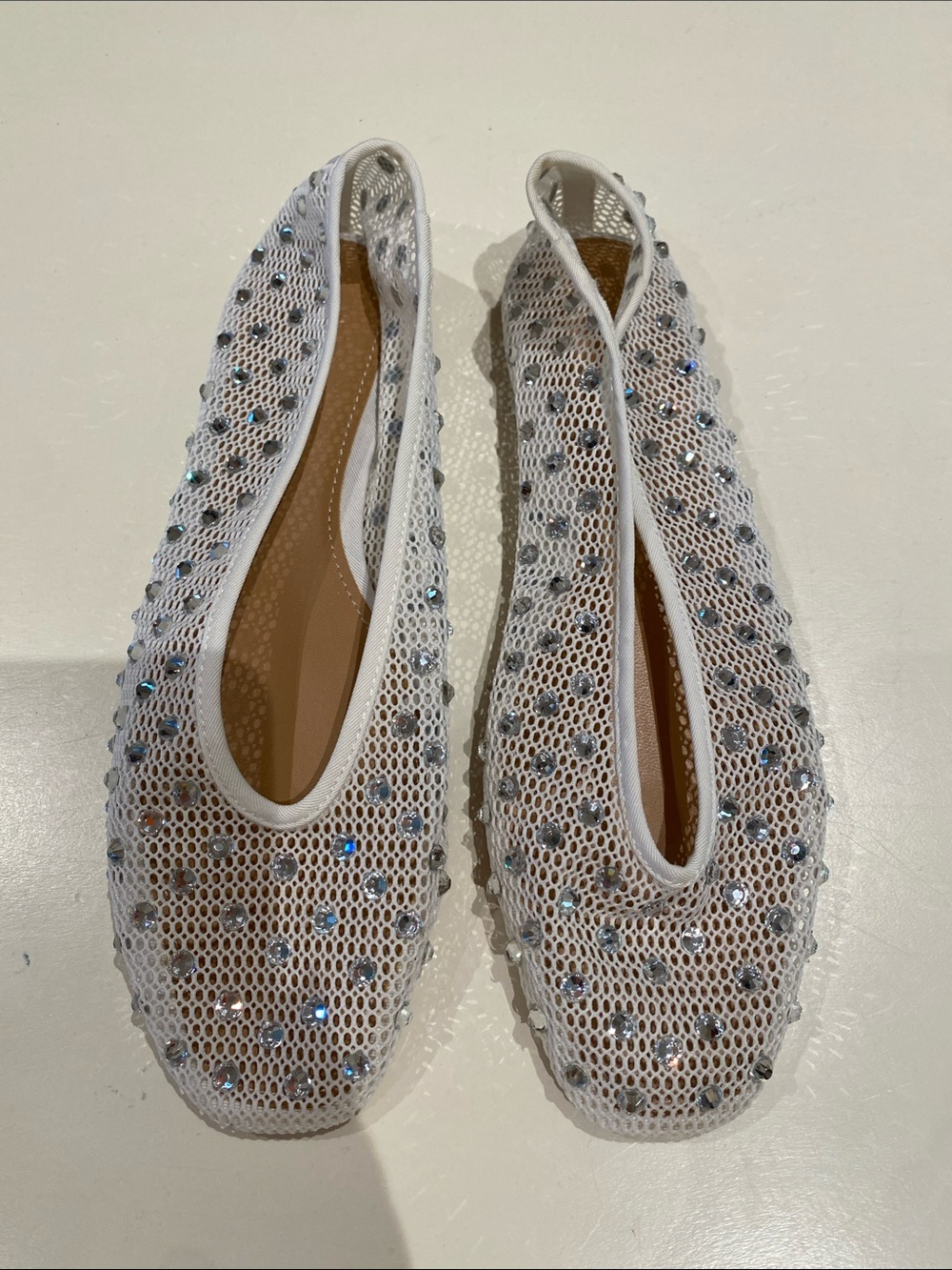 Mango White Mesh Crystal-Studded Ballet Flats